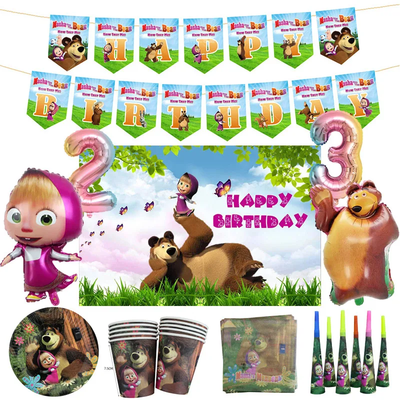 New Mashas and Bear Birthday Party Decorations Cartoon Party Supplies Balloons Disposable Tableware Cake Toppers Backdrop Gifts