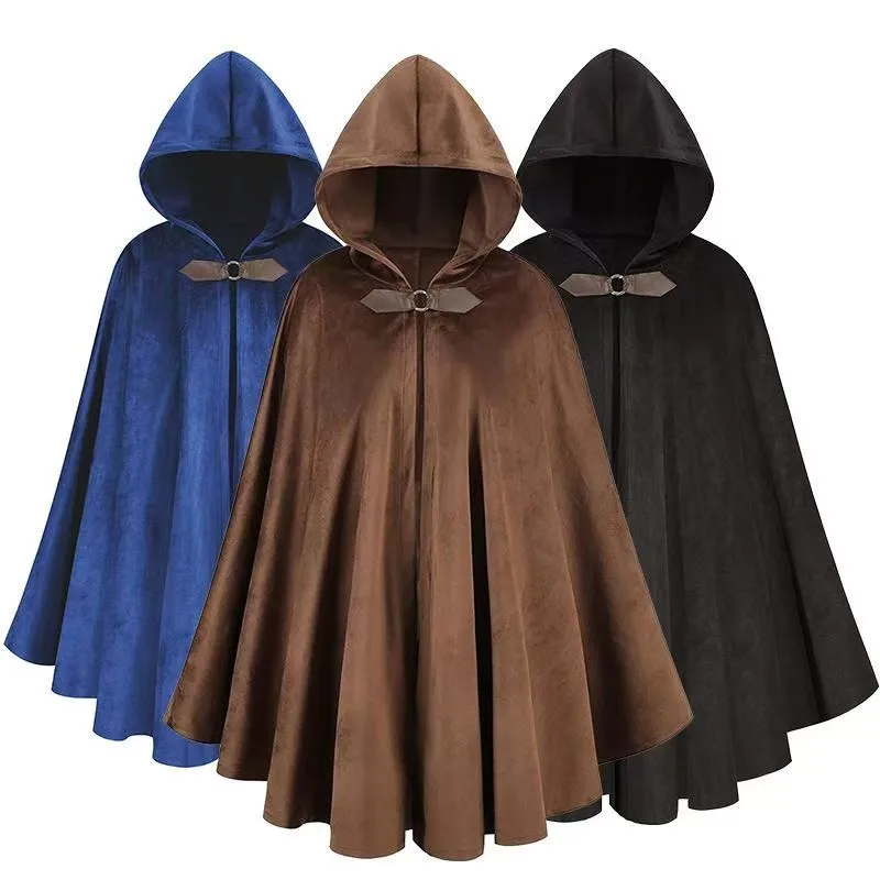 Men's Velvet Cloak with Hood, Renaissance Medieval Hooded Cloak for Women, Halloween Hood Cape with Metal Loop Clasp