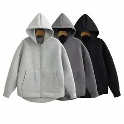 Casual Women's Sweater Sporty Hooded Tops Zipper Cardigan With Pocket Solid Color Tracksuit Women's Coat Y2k Clothes худи Retro