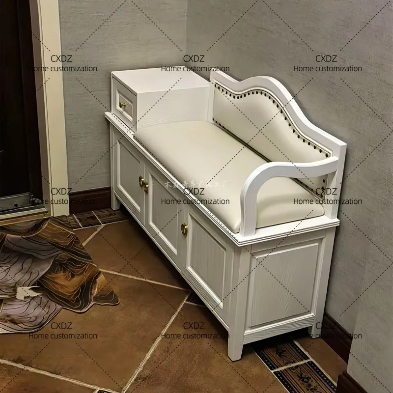 White solid wood backrest leather art changing entrance storage shoe cabinet stool integrated storage sofa stool