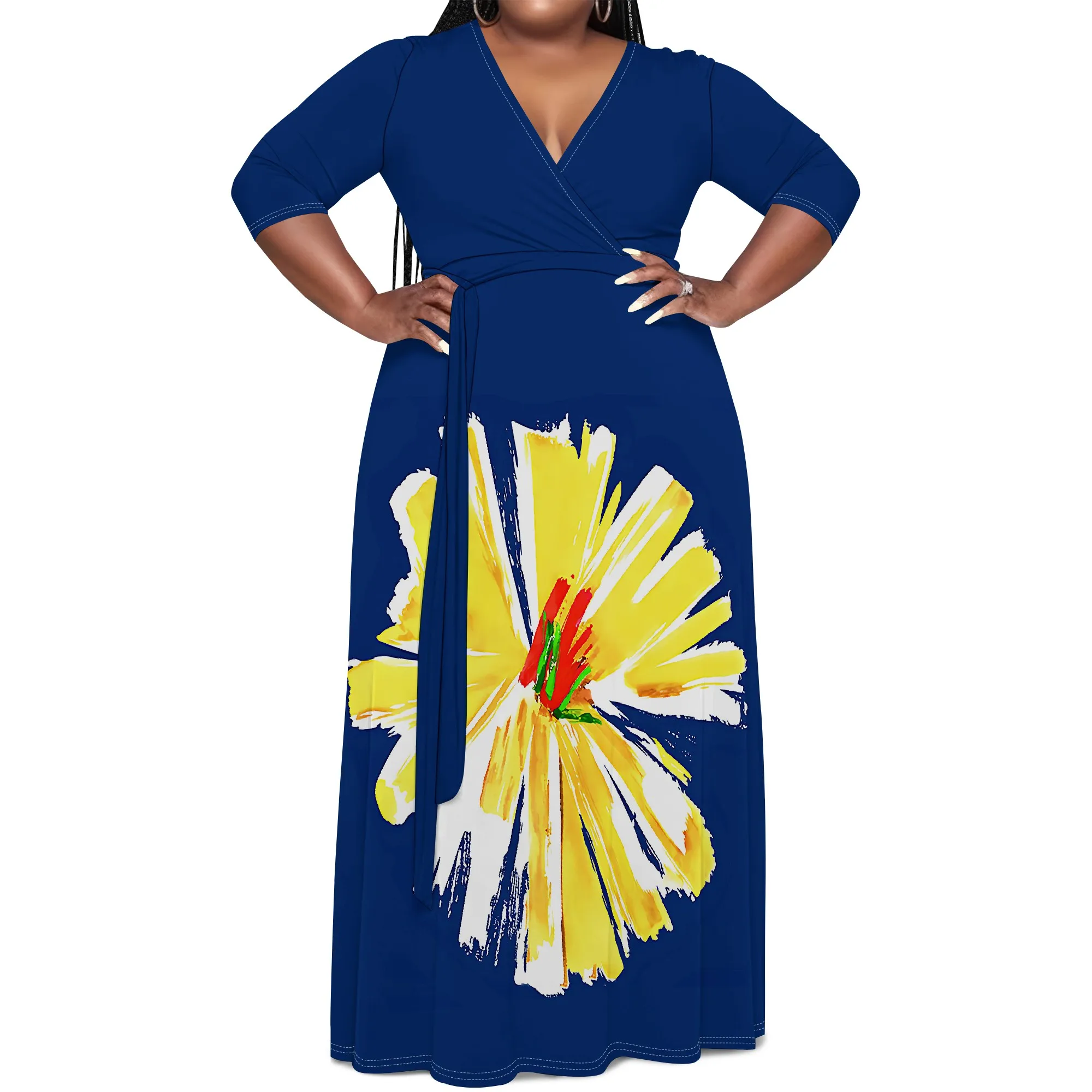 Plus Size Bold Floral Long Sleeve V-Neck Maxi Dress with Belt - Women's Vibrant Elegant Party Resortwear Evening