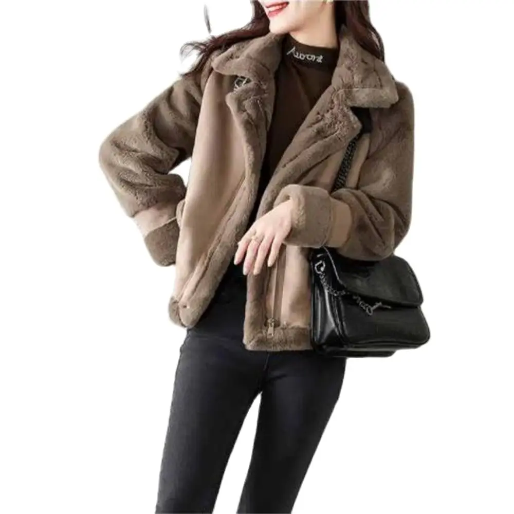 

2024 Thicken Warm Wool Blends Loose Locomotive Lapel Female PU Coat Warm Outerwear Tops Faux Fur Coat Winter Jacket for Women