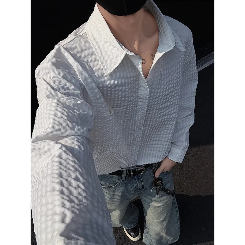 

Black White Long-sleeved Shirt Men Fashion Social Mens Dress Shirt Korean Loose Casual bubble Shirts Mens summer trend