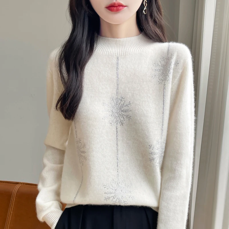 Diamond 100% Merino Wool Sweater 2024 New Women\'s Fashion Autumn/Winter Warm Hoodie Elegant Half High Collar Jumper Knitted Top