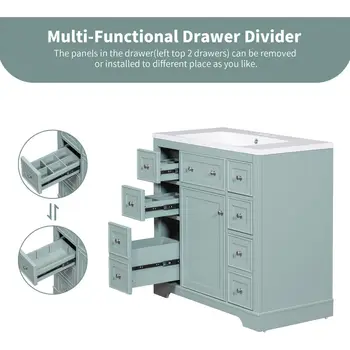 36인치 욕실 세면대 수납장 (세면대 상판 포함) 콤보 세트, 문 하나와 서랍 6개가 있는 욕실 수납장, 녹색 8 best sales 욕실 세면대 수납장 - №4