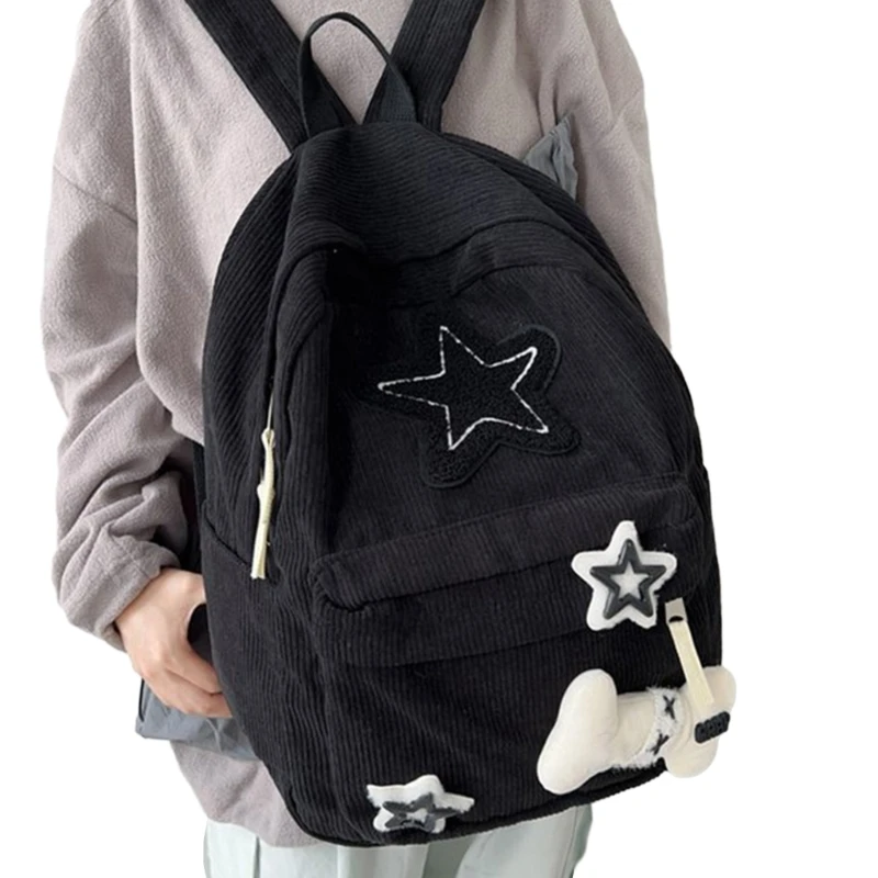 School Bags Double Strap Shoulder Bags with Star Pattern Backpack for Girl Student Large Capacity Corduroy Book Bag