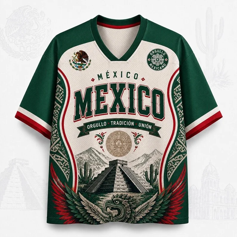 Mexican National Football Jersey Men's Aztec Pyramid Pattern V-neck Mesh Football Shirt Short Sleeved Sports T-shirt