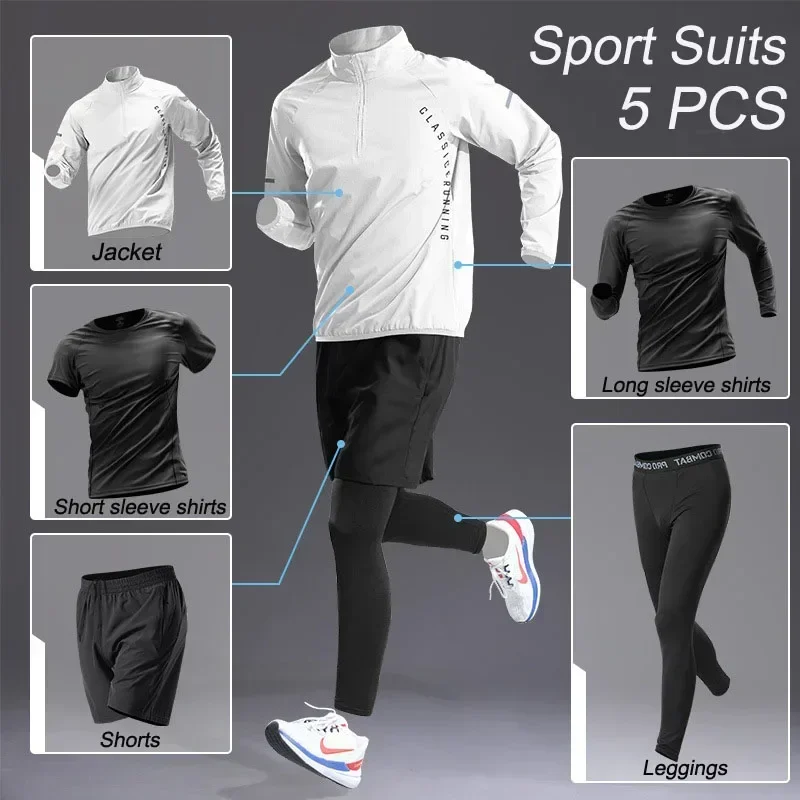 Sport 1-5 PCS Sets Workout Men\'s Quick Dry Jacket Suit Fitness Running Sets Sports Jogging Pants Workout Sportswear Track Suit