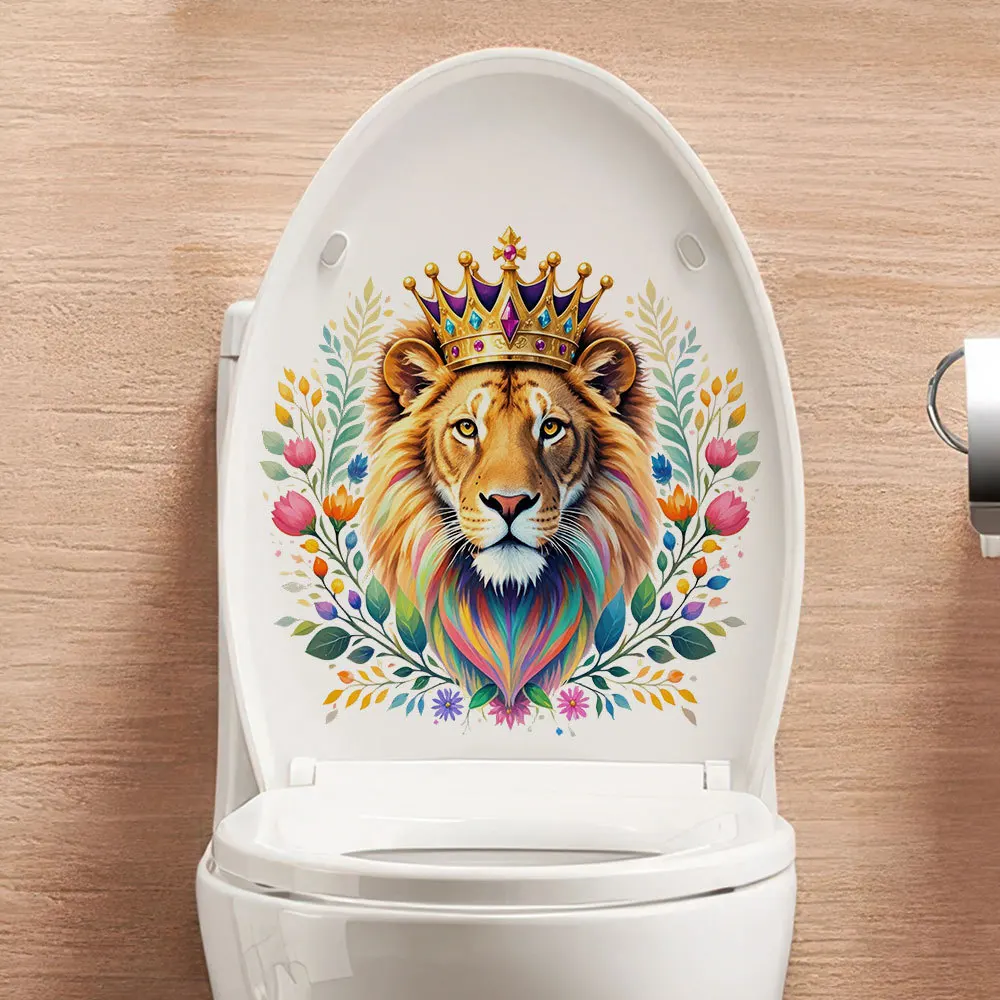 

​​PVC Toilet Stickers - Removable Flower & Lion Decals for Bathroom Decor, Waterproof Wall Art​​