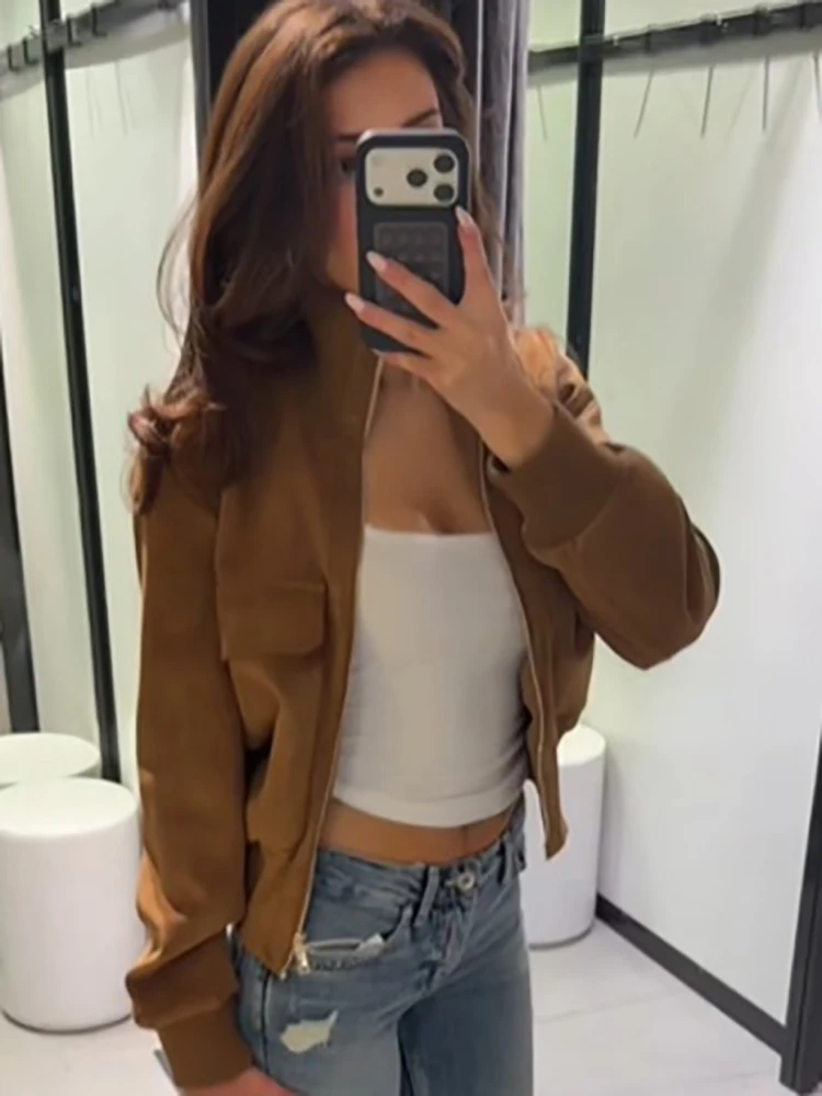 Schicke Jacke aus Kunstwildleder mit geripptem Bündchen für Damen, Retro-Stehkragen, Taschen, Reißverschluss, elastische Taille, Herbst-Alltags-Streetwear 2026 – Detail 16