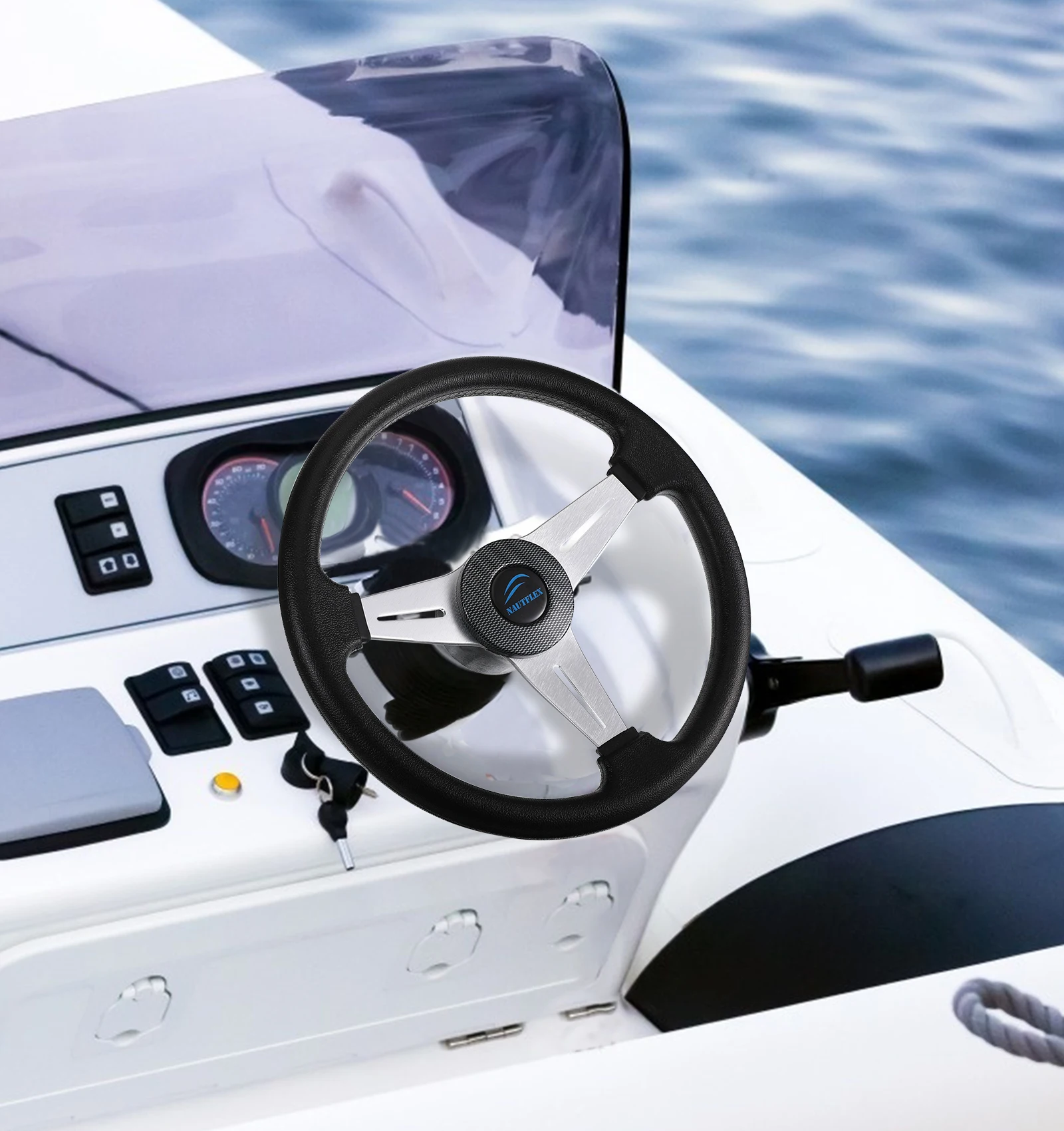 Speed Boat 3 Spoke Steering Wheel Yacht Seaboat Aluminum Alloy Coating PU Foam 13.3 inch Sailboat Helm Steer System