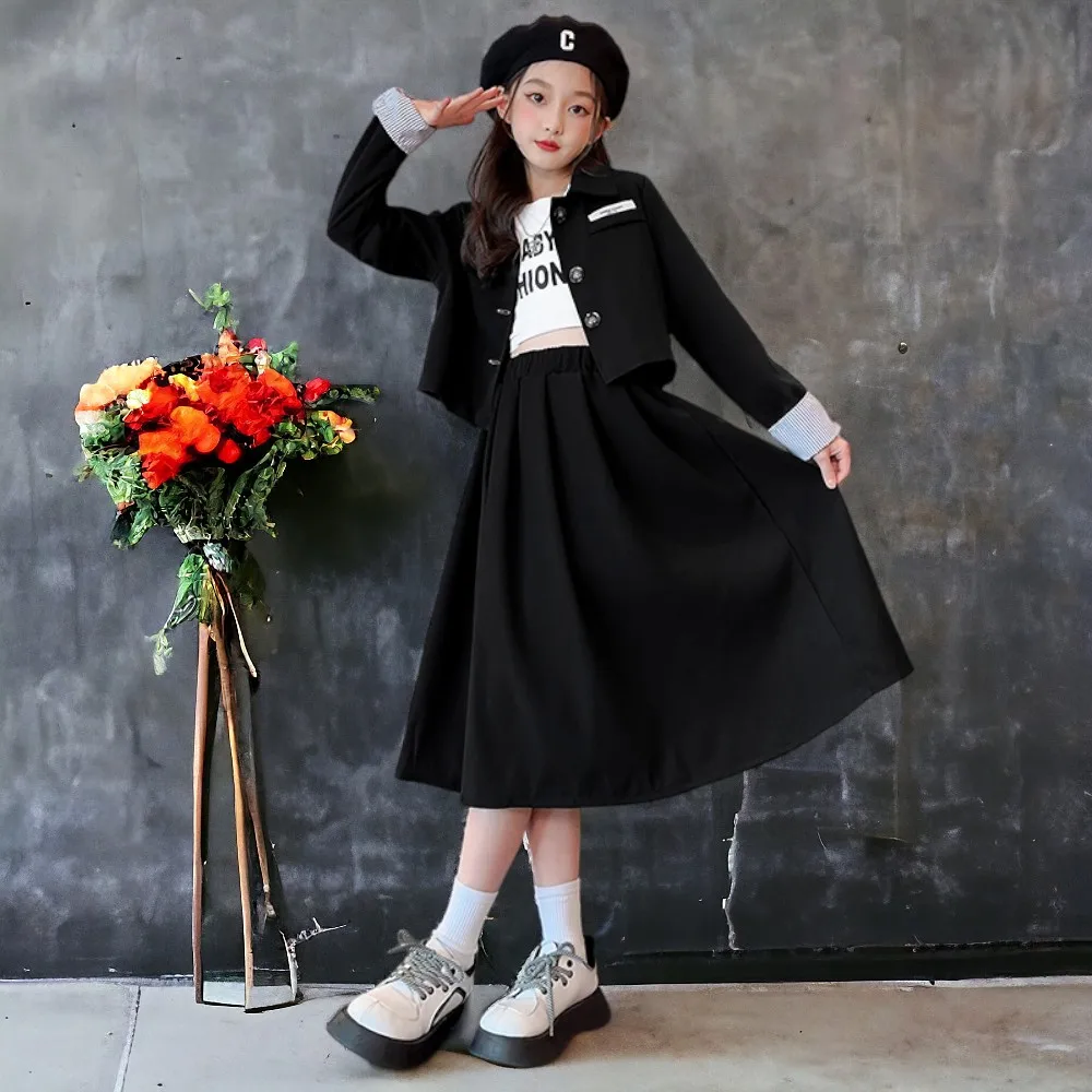 

Girls Suit Black School Outfits Teenagers Kids Clothes Baby Set Blazaer & Long Skirt Children Costumes Spring 6 8 10 12 13 Years