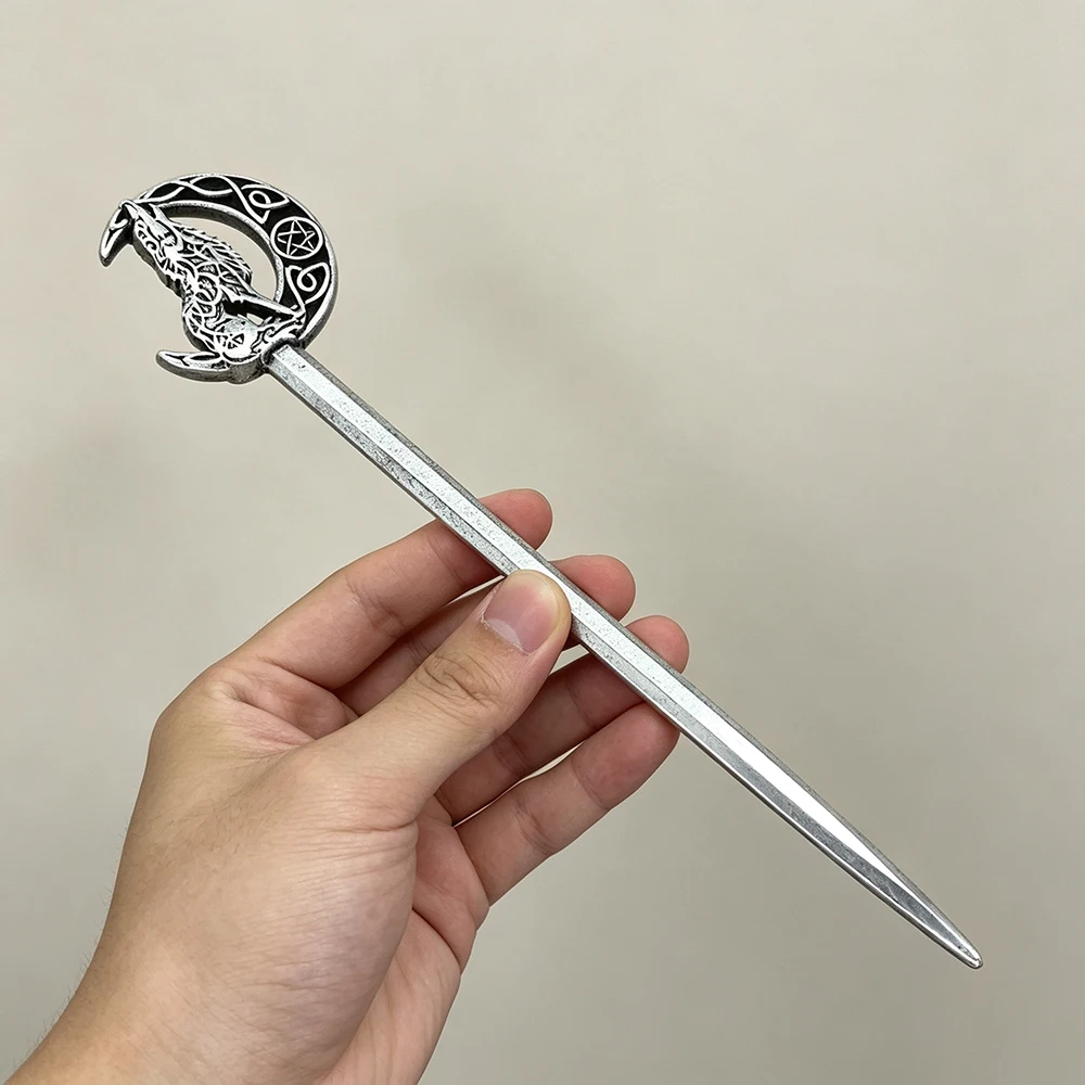 Viking Style Wolf Moon Carved Flower Hairpin Ancient Silver Celtic Pattern Metal Hairpin Subculture Cosplay Party Hair Accessory
