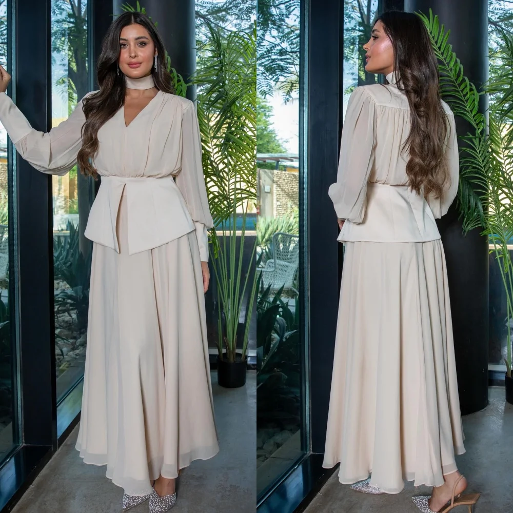 

Customized Matching Chiffon Pleat A-line V-neck Midi Dresses Bespoke Occasion Homecoming Exquisite Simple