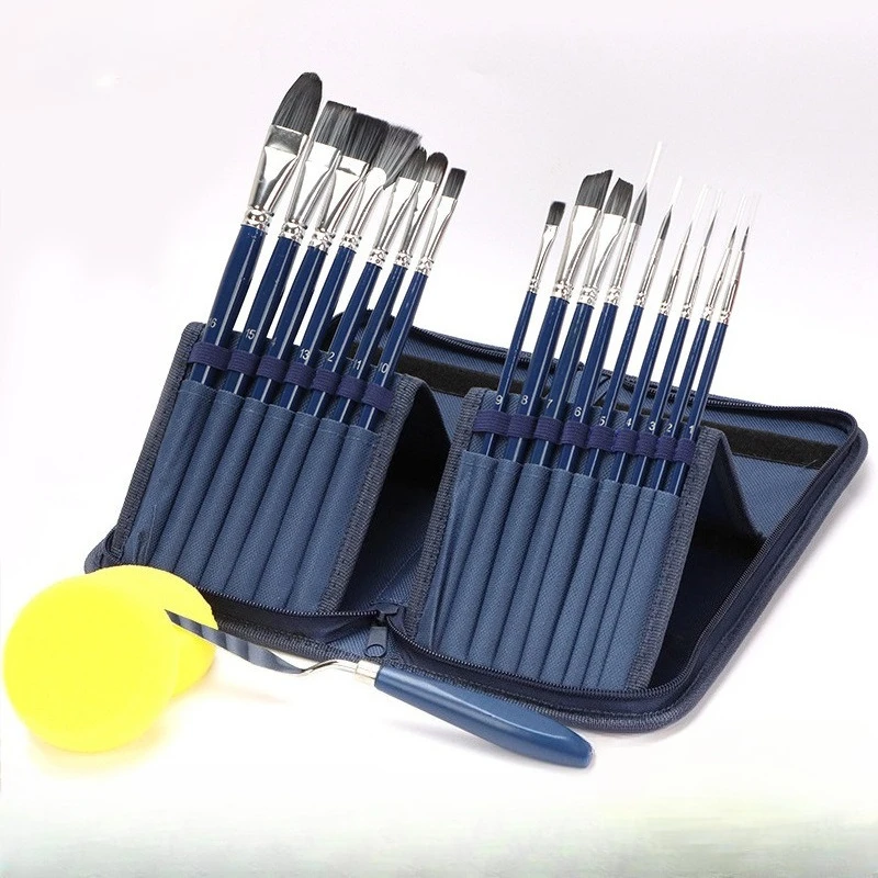 16Pcs Nylon Paint Brush Set with Blue Cloth Bag Watercolor Acrylic Oil Painting Brushes Student Artist Drawing Art Supplies