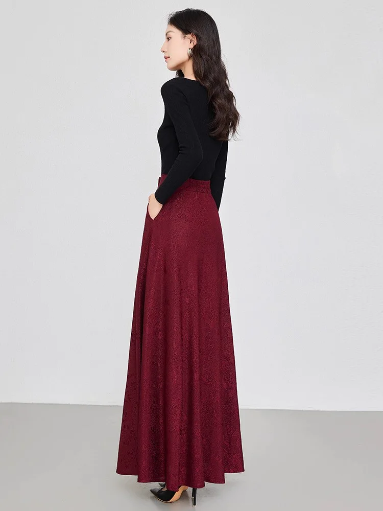 New Women Jacquard Skirt Spring Autumn Fashion Stretch Back Waist Chinese Style A-Line Skirt Elegant Basic Long Skirt Female