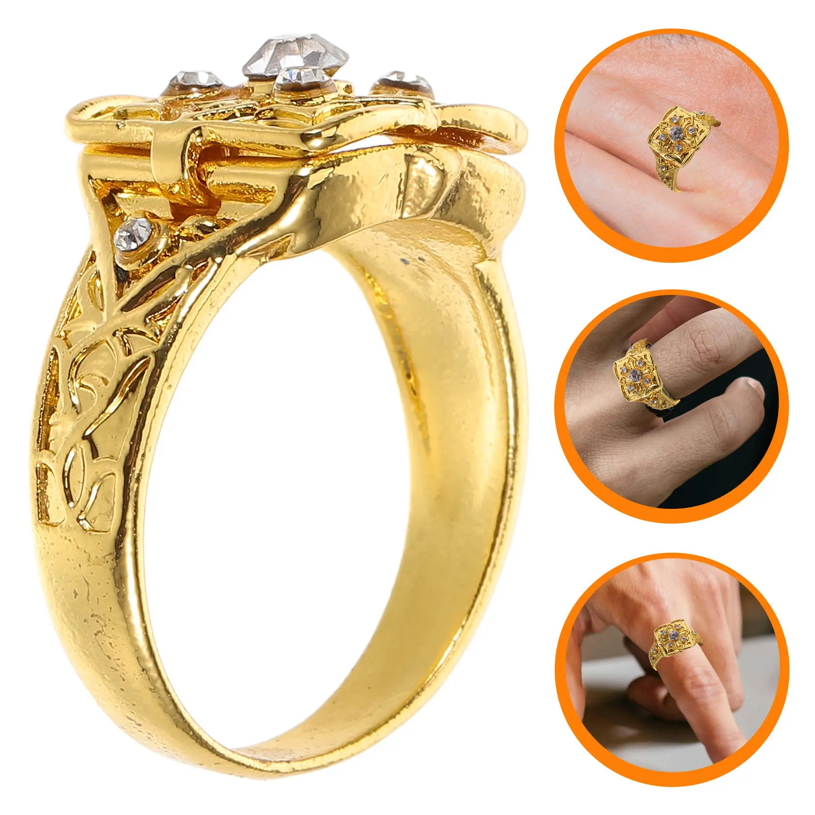 Vintage Hidden Lid Locket Ring for Women with Micro-Paved Rhinestones & Secret Compartment