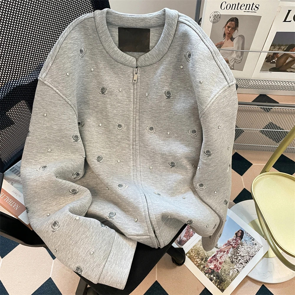 

Chic Beaded Grey Ladies' Coats Loose All Match Round Neck zipper Long Sleeved Autumn Leisure Commuting Daily Tops