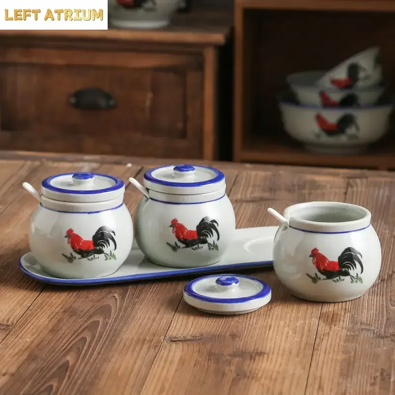 Retro ceramic rooster seasoning jar salt and monosodium glutamate seasoning jar household kitchen with lid spoon