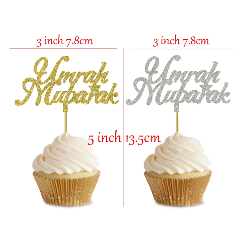 20 Pieces 3*5 Inch Glitter Gold and Glitter Silver Umrah Mubarak Cupcake Topper