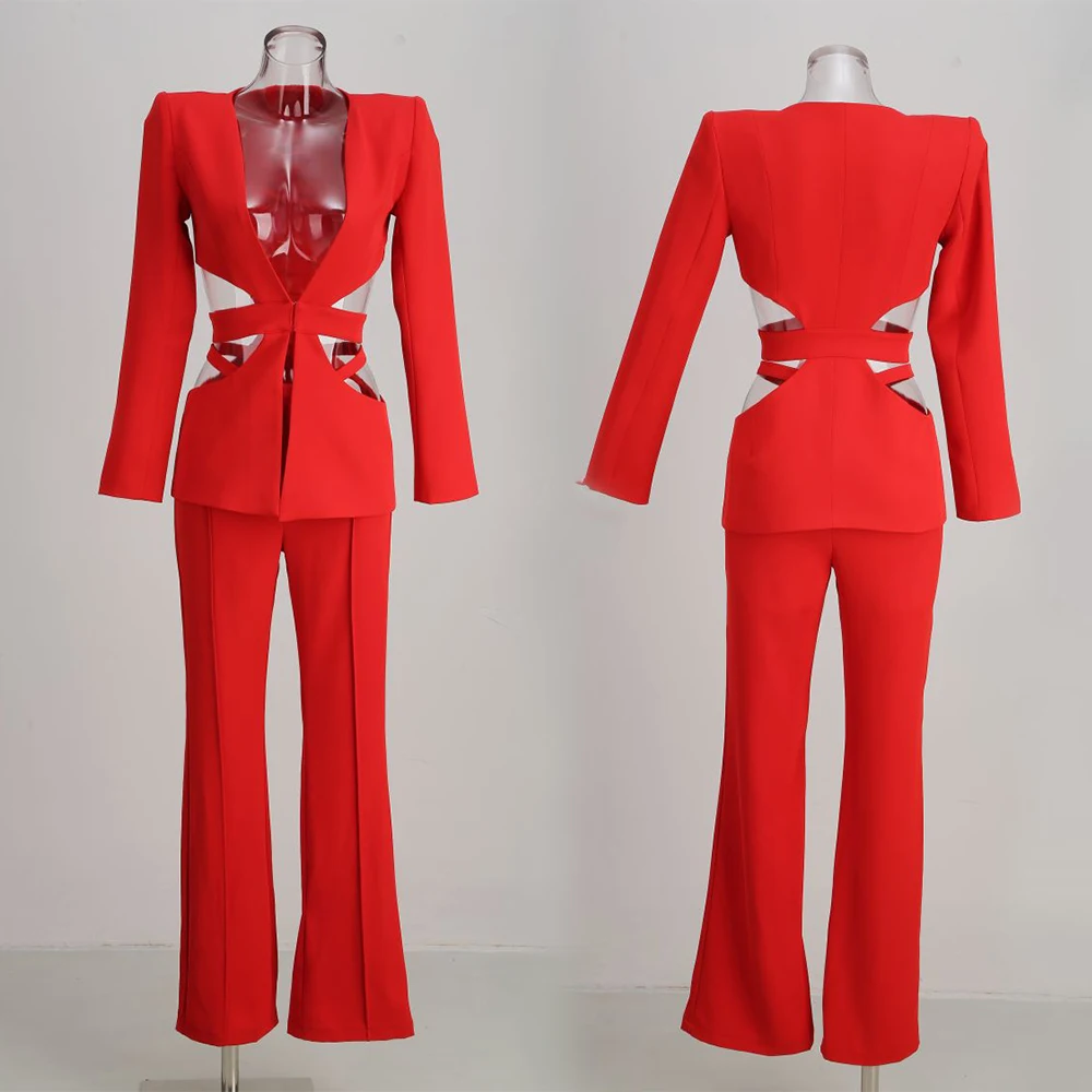 Sexy Fashionable Women Cut Out Blazer Pants Set Deep V Neck Padded Shoulder Flare Pant Suit Elegant Party Night Club Outfit