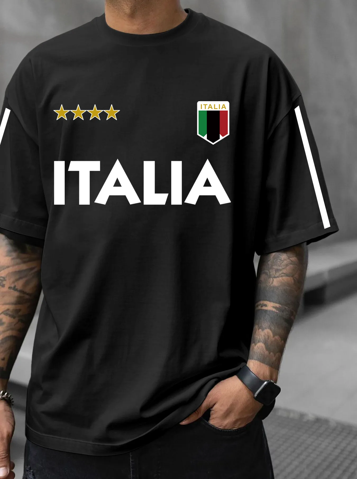 Men's Casual Italia Four Star Print T-Shirt 100% Polyester Sports Style Short Sleeve Streetwear T-Shirt S-XXL
