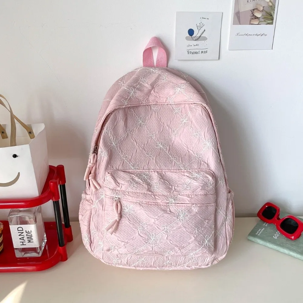 Bow Embroidery Laptop Backpack Lightweight Design Large Capacity Embroidery Backpack Korean Version Multi-Pocket Structure