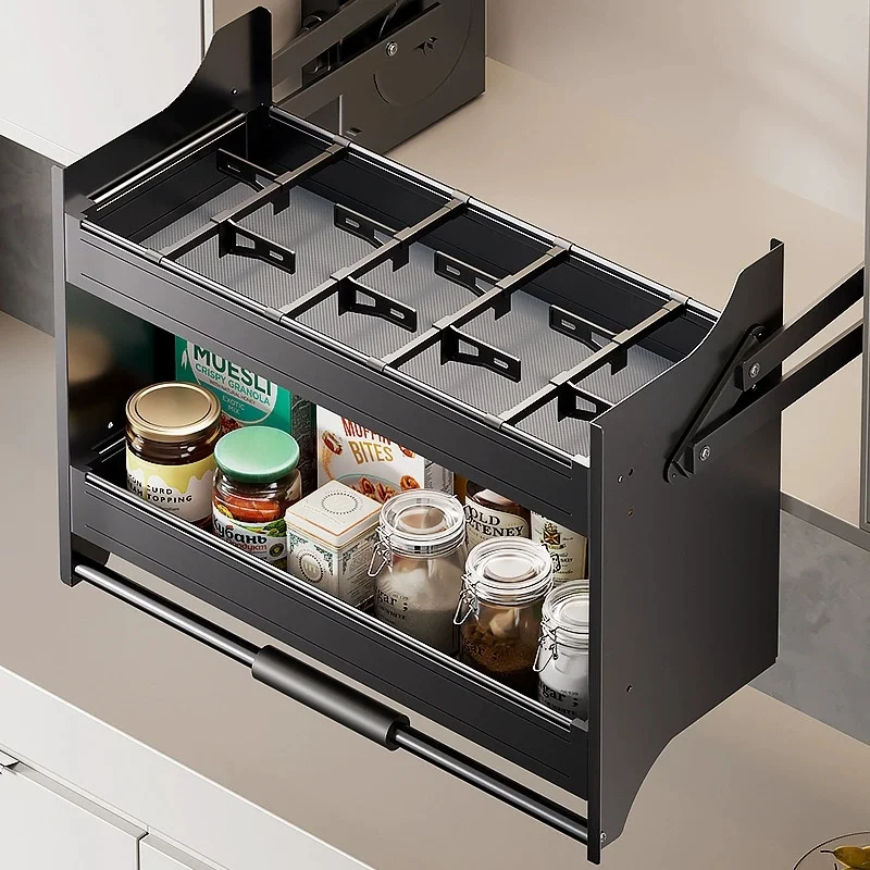 -oo Gorange Drawer Lift Basket for Hanging Cabinets Space Aluminum Pull-down Kitchen Cabinet Storage Damping Dark Gray Luxury