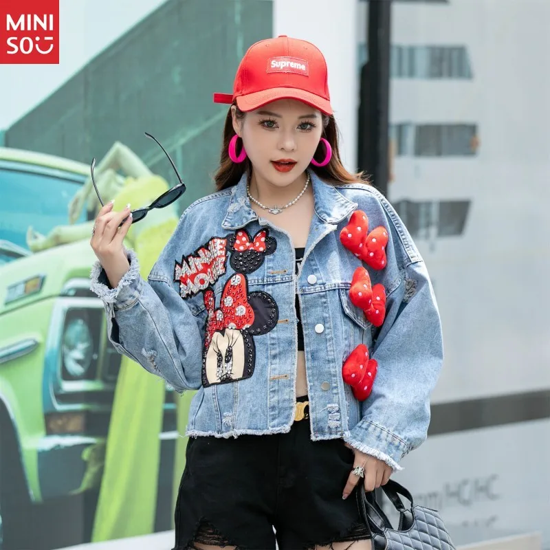 

Miniso 2025 Spring and Autumn New Cartoon Beads Fashion Age-reducing Denim Jacket Top Women's Clothing