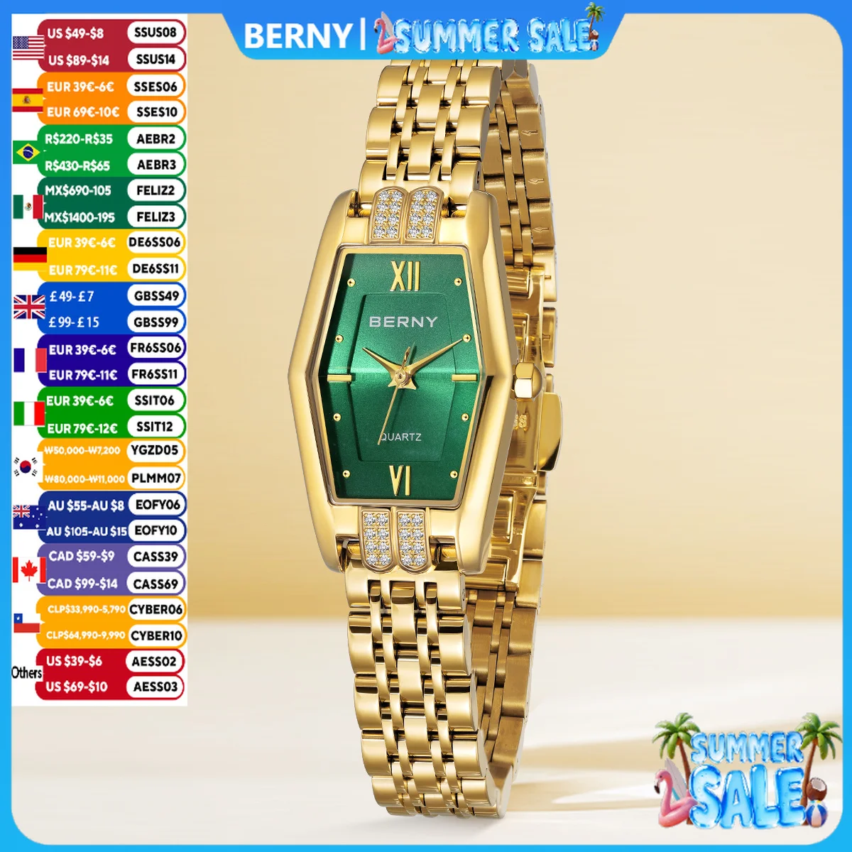 

BERNY Women Gold Watch Elegant Luxury Brand Woman Watches Full Stainless steel Diamonds Inlaid Golden Ladies Dress Wristwatch