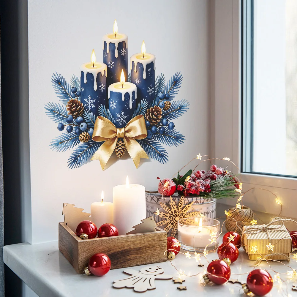 Christmas Window Clings Colorful Candle Bow Pine Cone Decals for Home Glass Window Xmas Holiday Decorations