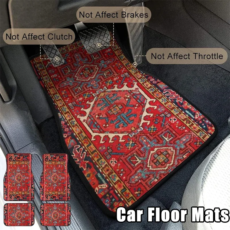 Antique Oriental Turkish Persian Carpet Car Floor Mats 4-Piece for Front Rear Seats Durable Floor Carpet Heavy Duty Rubber Back