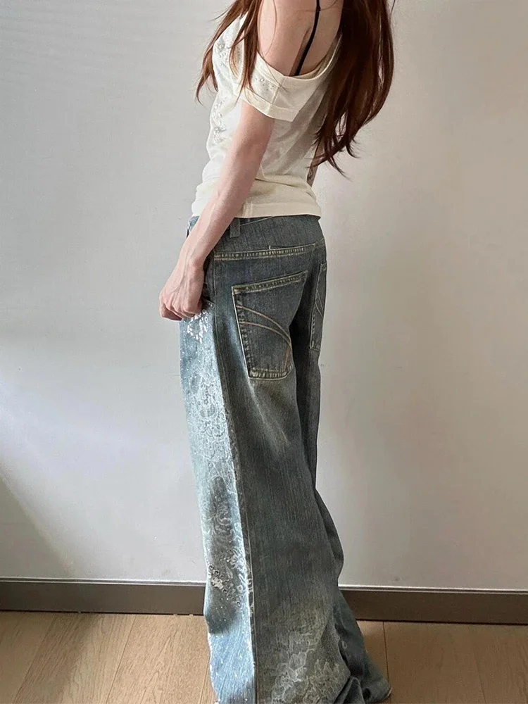 

Женские винтажные мешковатые джинсы с принтом Y2K, уличная одежда, расклешенные джинсовые брюки в стиле Харадзюку, осень 2025 г., брюки в стиле гранж High Street 2000-х годов