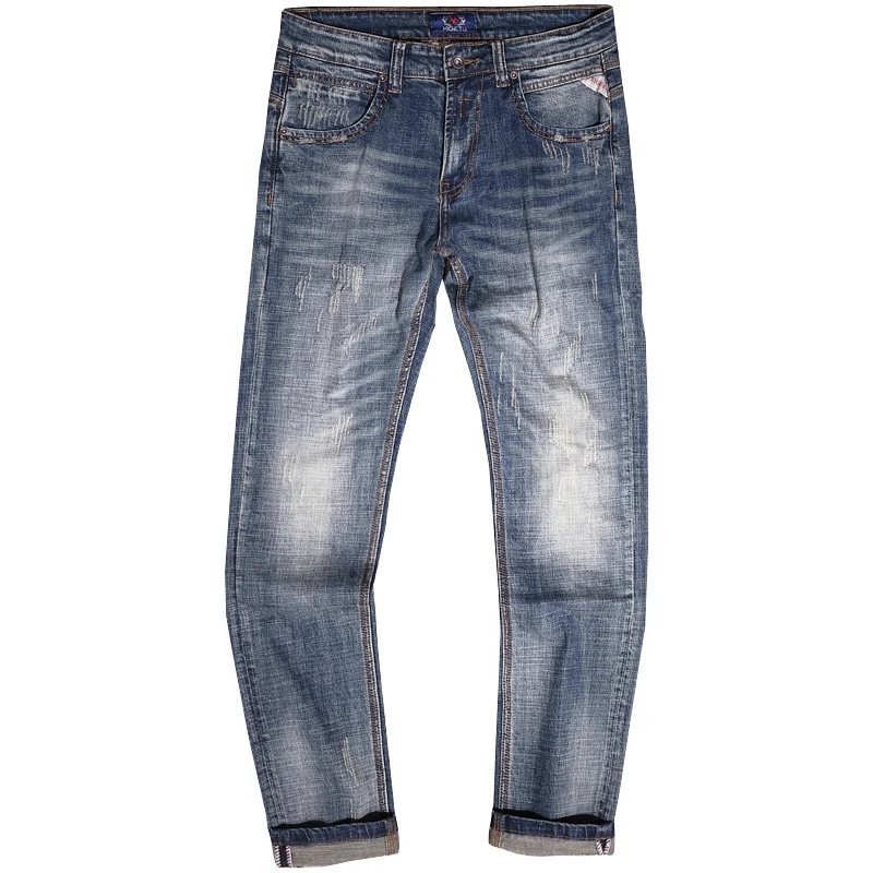 Italian Style Fashion Men Jeans Retro Blue Stretch Slim Fit Ripped Jeans Men Trousers Vintage Designer Casual Denim Pants Hombre