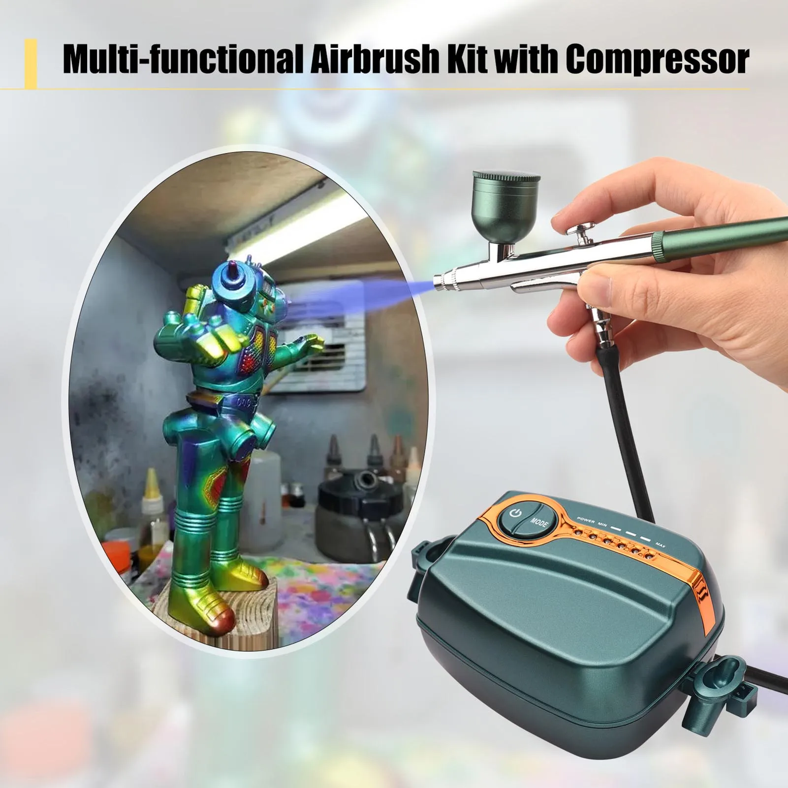Multifunktionales Airbrush-Set mit Kompressor, tragbares Airbrush-Set, Dual Action, 5-stufig einstellbarer Druck, maximal 25 PSI