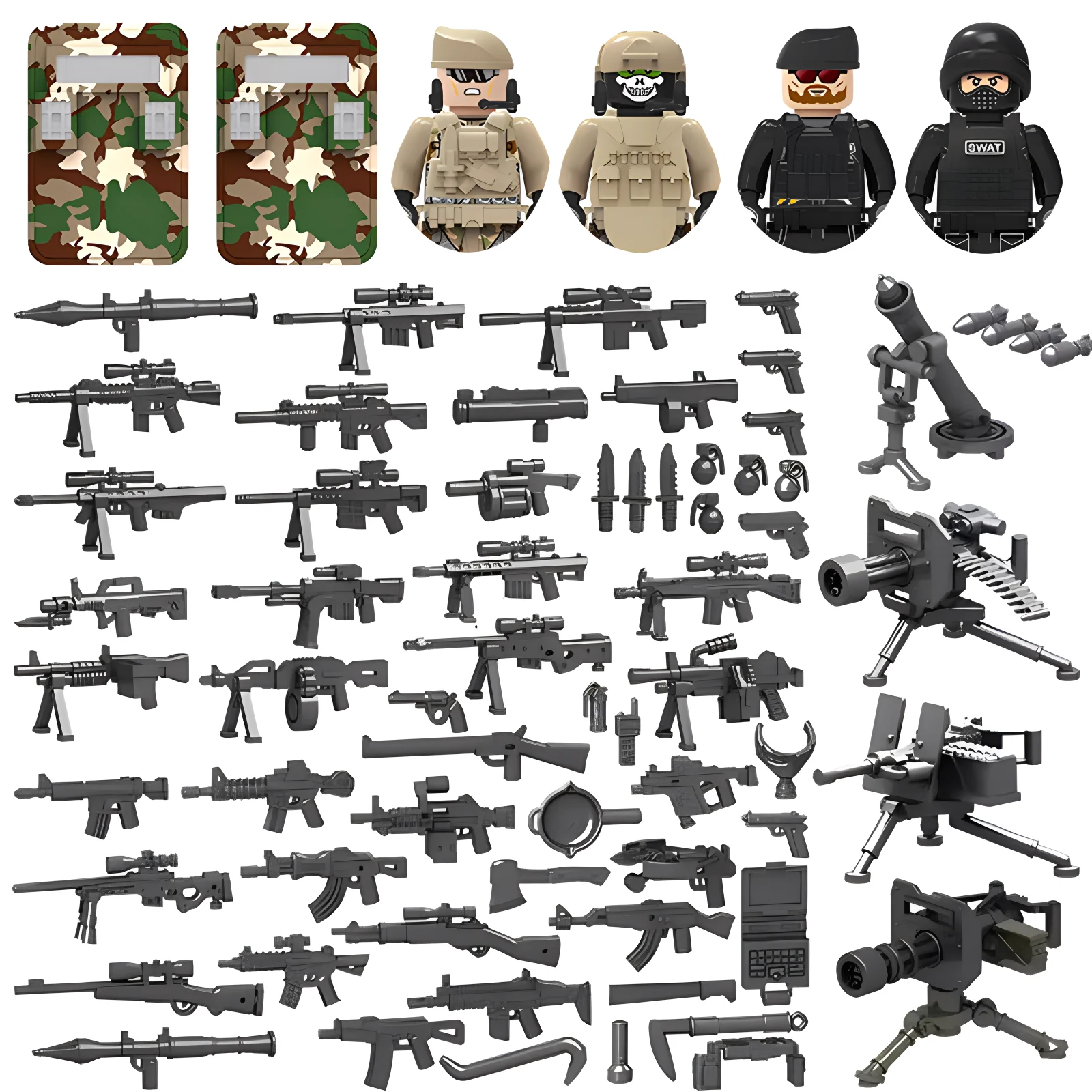 

25/50/100Pcs Soldier Police Gangster WW2 Army Military Weapons SWAT Machine Gun Mortar Building Blocks Figure Model Brick Toy