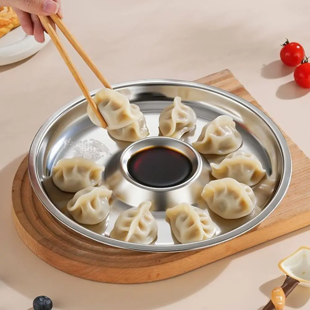 

Salad Plate Stainless Steel Dumpling Plate Drop-proof Circular Shape Snack Plate Convenient Tableware Food Serving Tray Bar