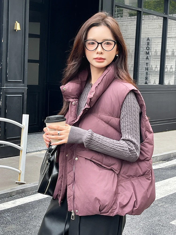 Autumn Winter Stand Collar Warm Down Vest Women White Duck Down Waterproof Vests Female Zipper Quilted Sleeveless Waistcoat Coat