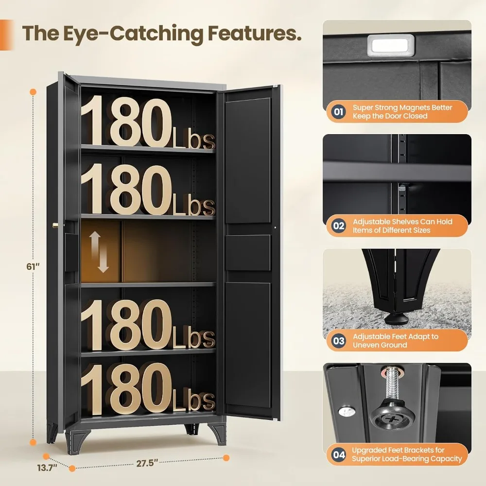USA Stock Metal Pantry Cabinet with Doors Adjustable Shelves 61 Black Cupboard for Kitchen Home Hot Sale