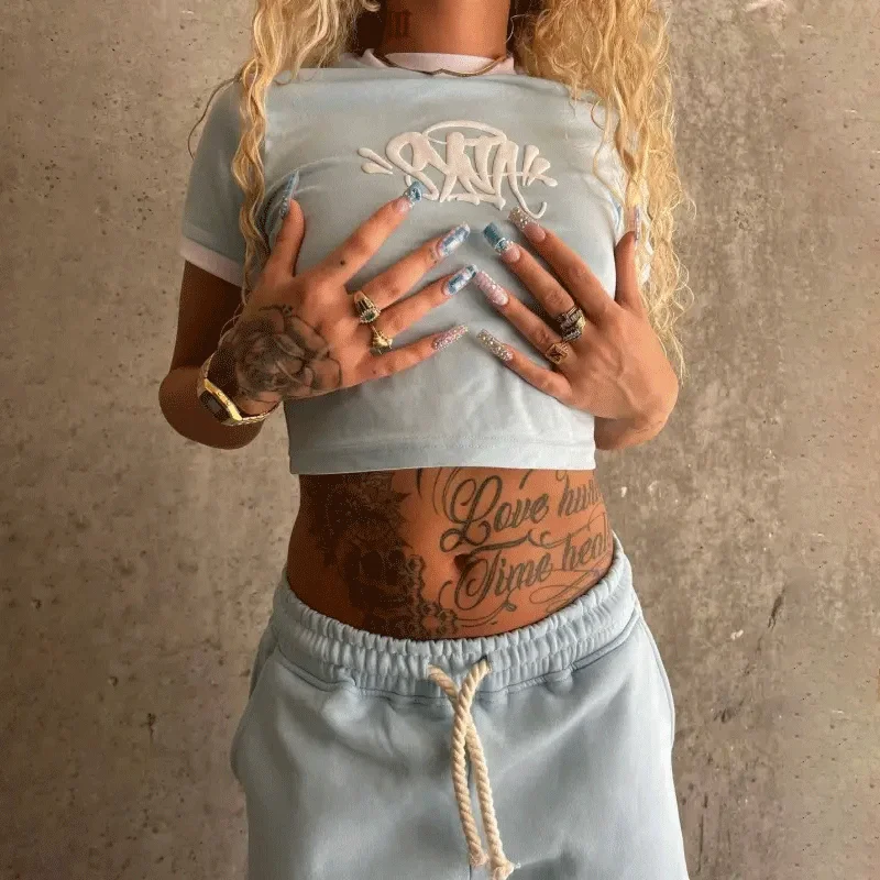 

Sy-world Fashion Street Women Sports T-shirt Shorts Clothing Summer y2k Harajuku Casual Female Short Sleeve Tees Pants Sky Blue