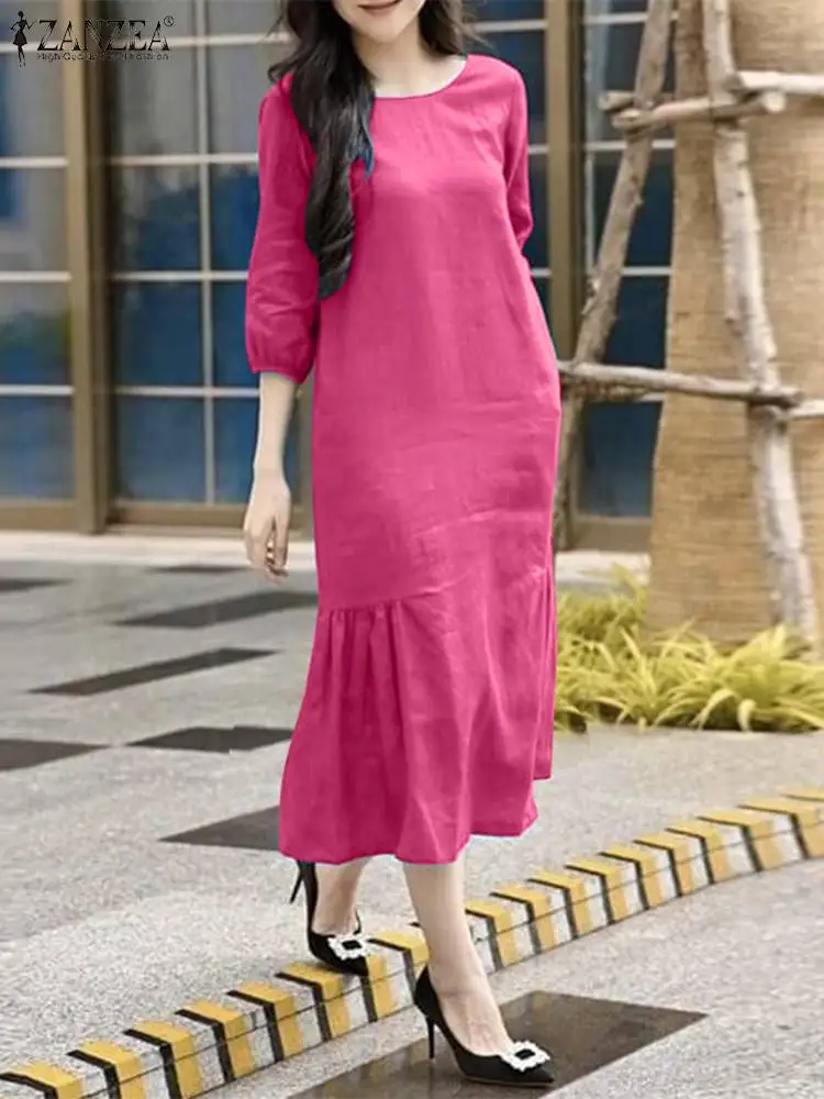 

Элегантное платье ZANZEA с оборками на подоле, летнее женское платье с круглым вырезом и пышными рукавами 3/4, повседневное свободное праздничное платье, модное женское платье миди