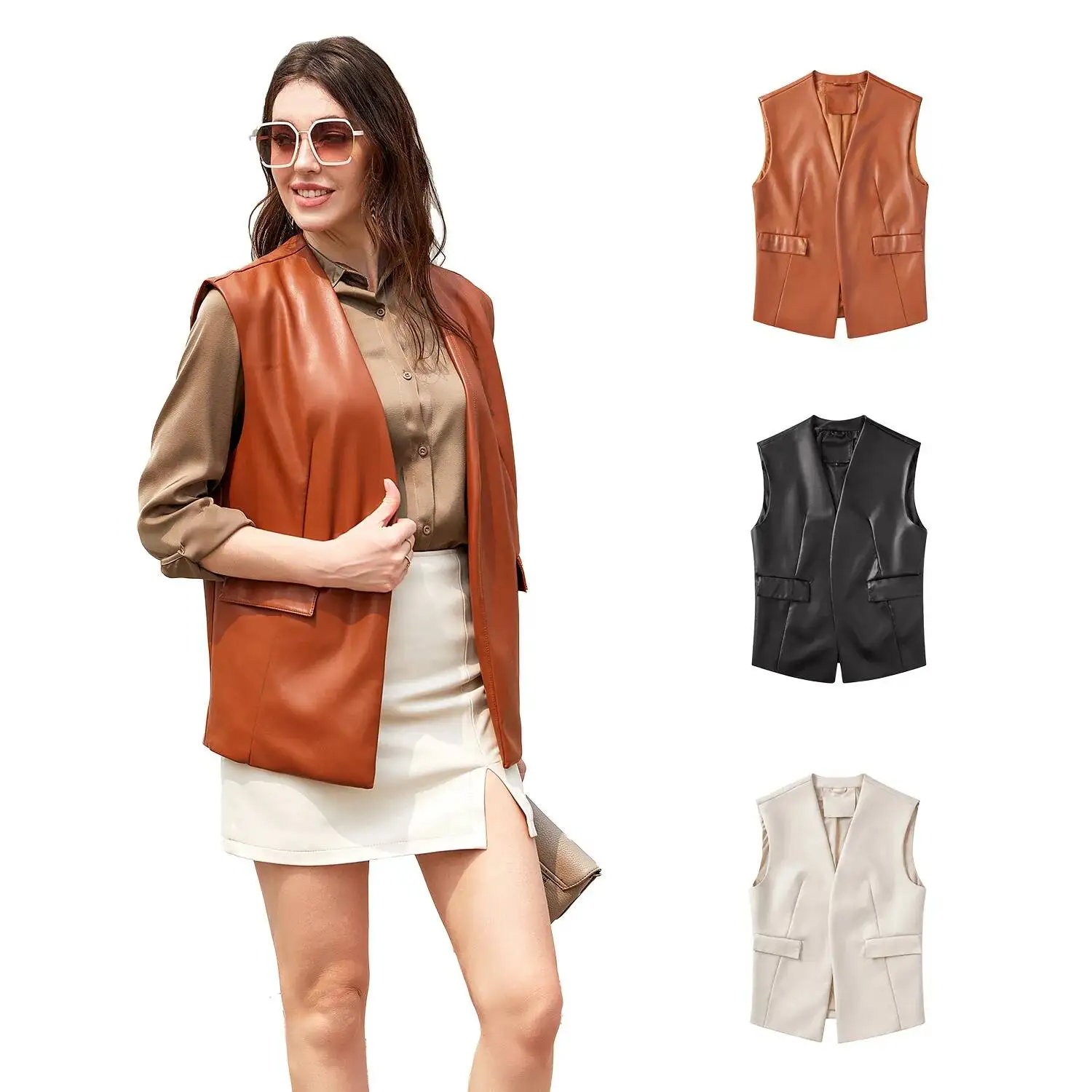 

Loose Large Size Women's Sleeveless Leather Vest Open Cardigan Short Outerwear Elegant Commute Style Pure Color Trendy Summer