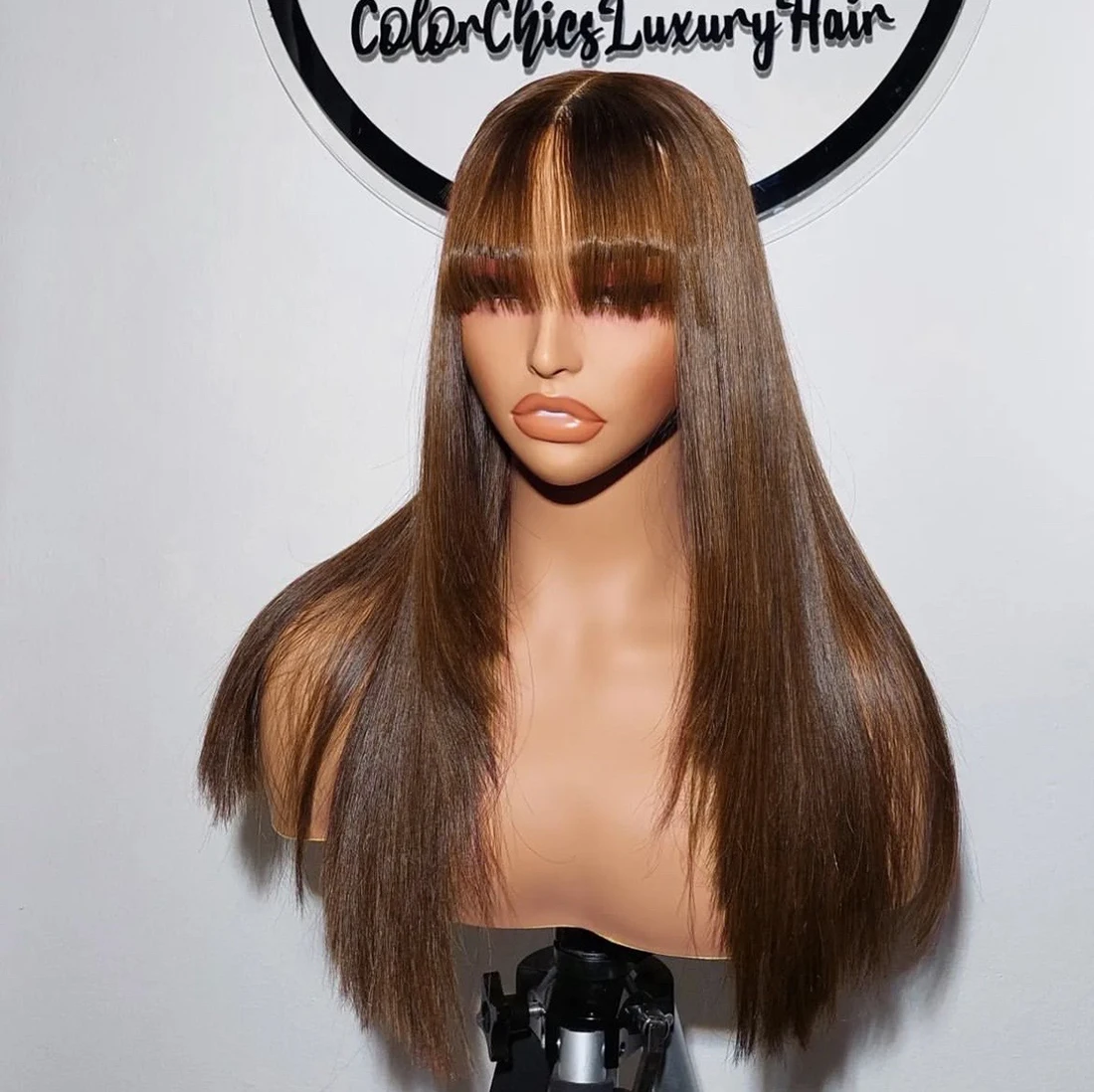 Chocolate Brown Layered Straight Wigs with Bangs Layered Cut 3X1 Lace Glueless Wig 4# Brown Color 180% Density For Daily Party