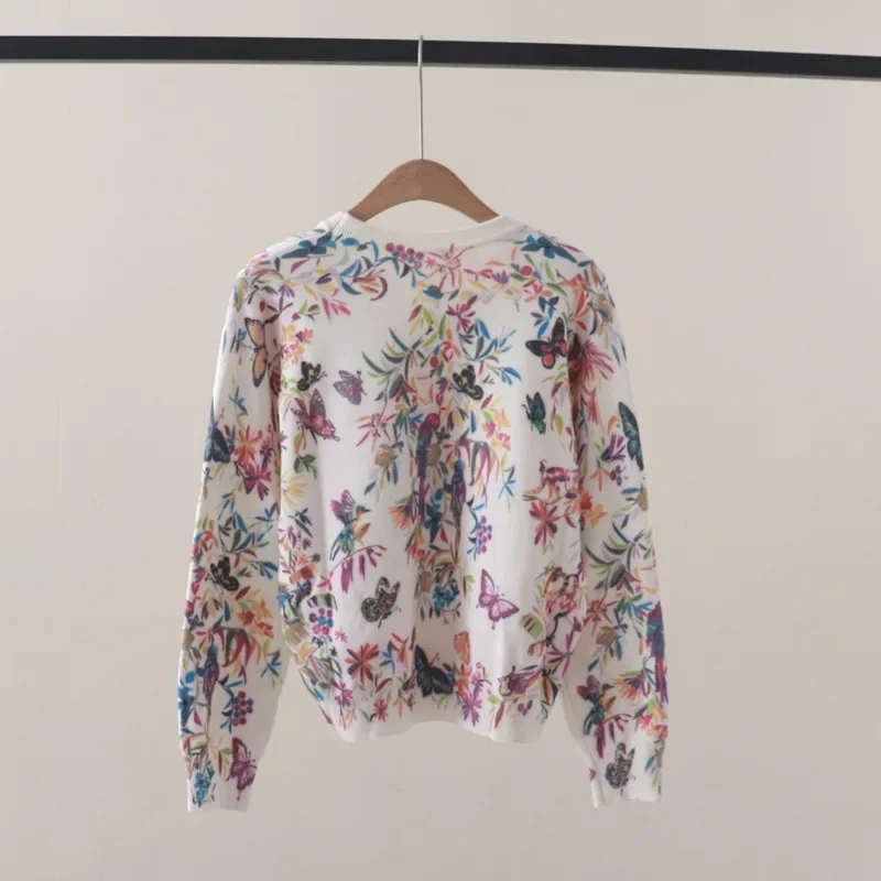 Vintage Butterfly Flower Print Women\'s Sweater for Women Autumn Winter O Neck Long Sleeve Pullover Tops Knitted Female Clothes