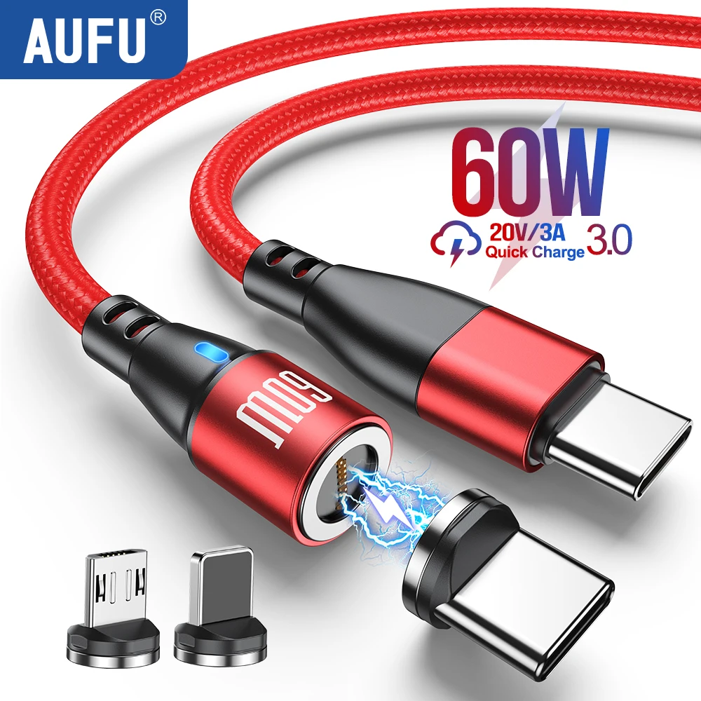 AUFU 60W Magnetic Fast Charging USB C To Type C Cable For iPhone 15 Samsung Xiaomi Huawei Magnet Charger Data Cord For Macbook