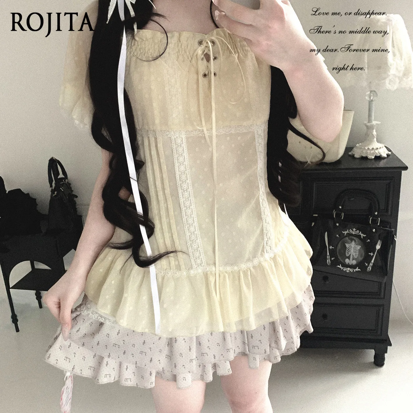 

Lace Trim Top Summer Sheer Polka Dot Strapless Top with Ruffle Hem Y2K Sweet Shirt Lace-Up Chiffon Blouse