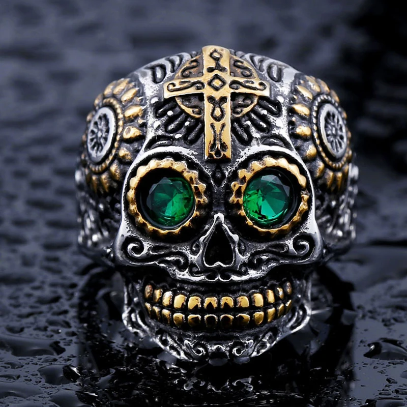 Gothic Gold Color Carving Kapala Skull Ring For Men 316L Stainless Steel Biker Rings Punk Rock Hip Hop Fahsion Jewelry Wholesale