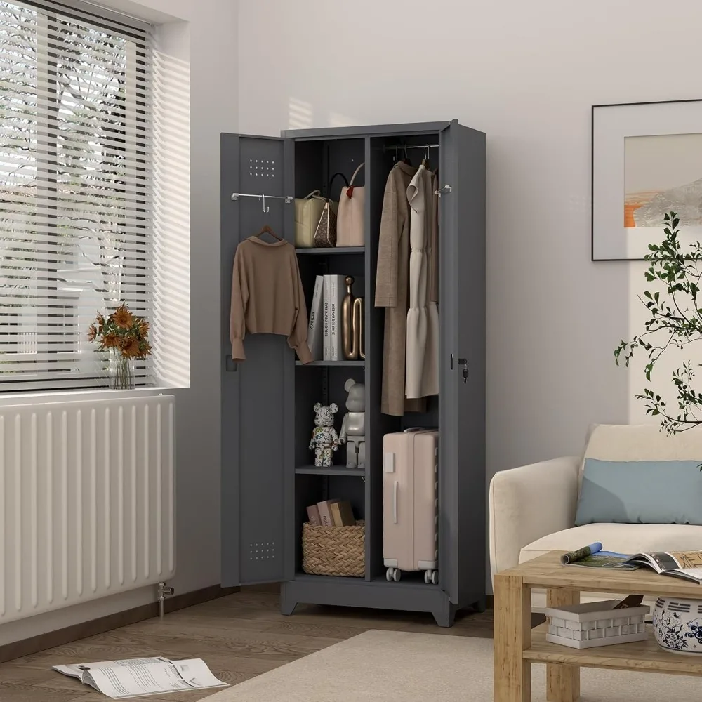 Gabinetes de almacenamiento de metal con puertas bloqueables y estantes ajustables para garaje, armario organizador de escoba gris para limpieza S