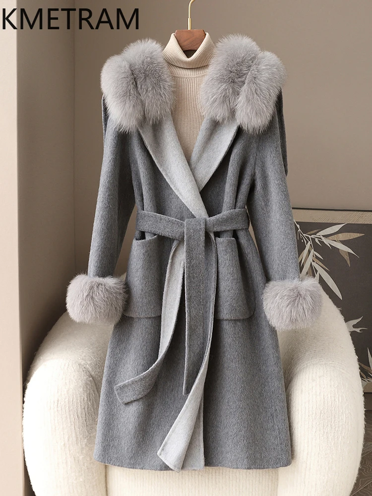 KMETRAM 100% Natural Wool Coat with Fox Fur Collar Trendy Mid-Length High-End Coat for the 2025 Autumn-Winter пальто женское