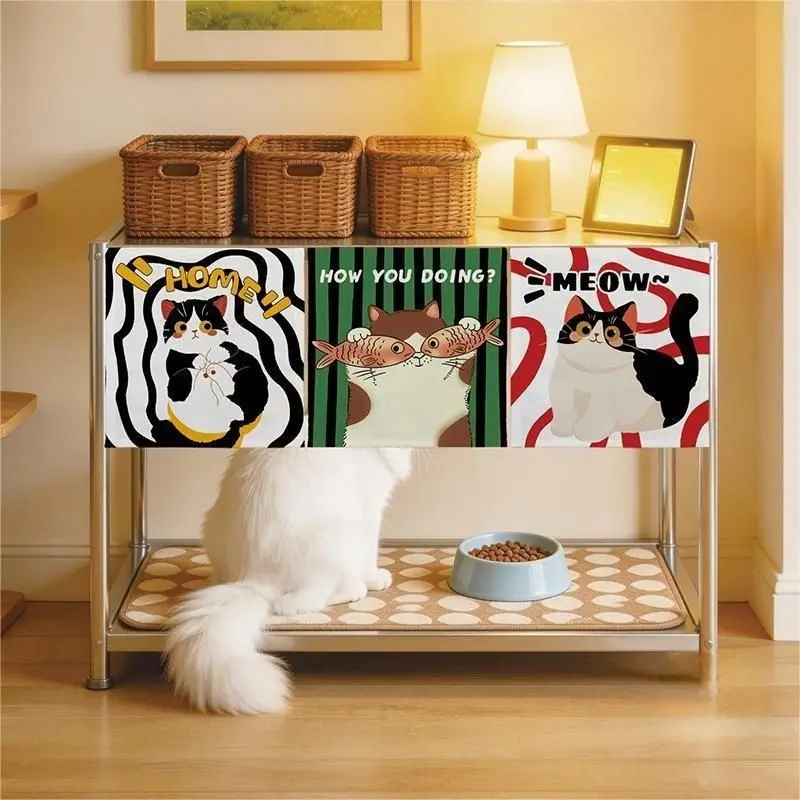 VIKAMA Cartoon Cat Curtain for Cat Bed - Durable Linen Cat Den Cover, Dust-Proof Half Curtain, Storage Shelf for Home Decoration